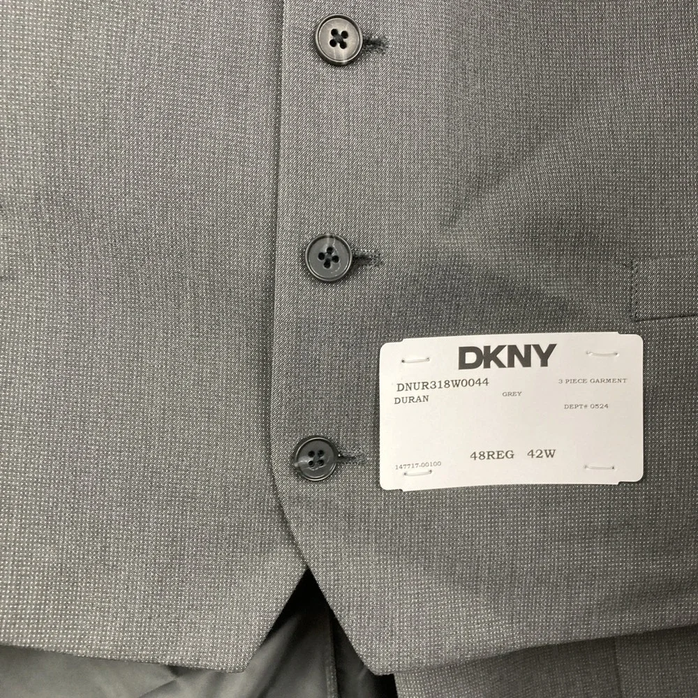 DKNY Men's 3-Piece‎ Suit 48R 42Wx32L Black Modern Fit Vested Gray Pindot